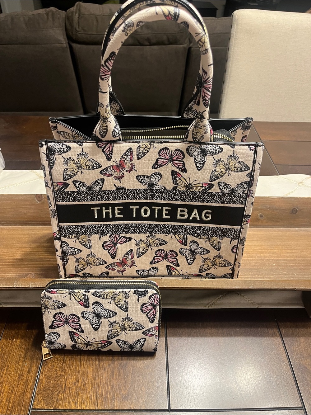 Butterfly-Print Cream Tote with Matching Wallet